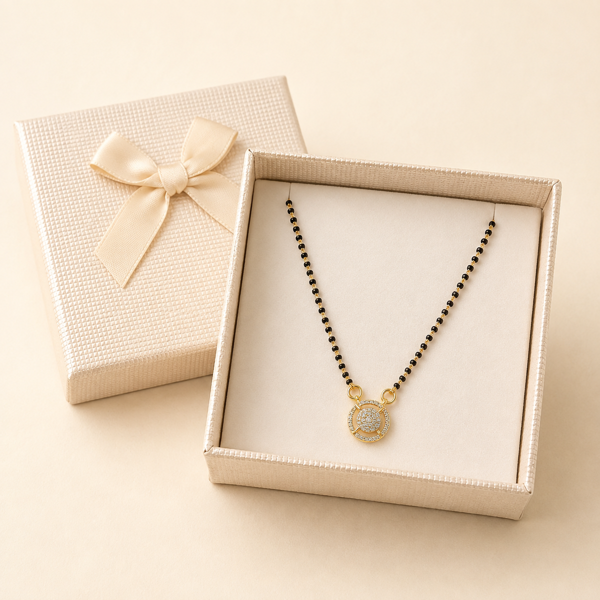 Mangalsutra with Chain in a Cream Bow Box gift box