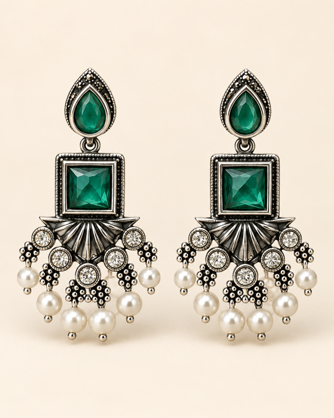 Emerald Gemstone Pearl Chandelier Earrings — product photo