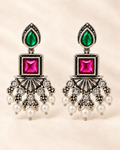 Emerald green and fuchsia pink gemstone pearl chandelier earrings