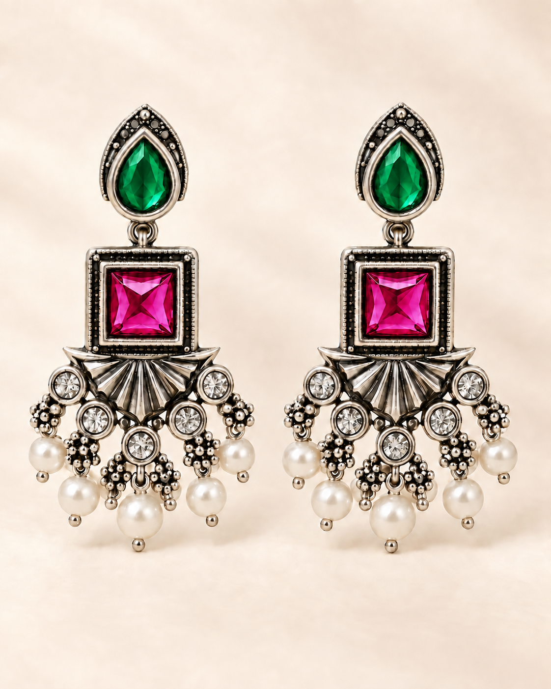 Emerald green and fuchsia pink gemstone pearl chandelier earrings