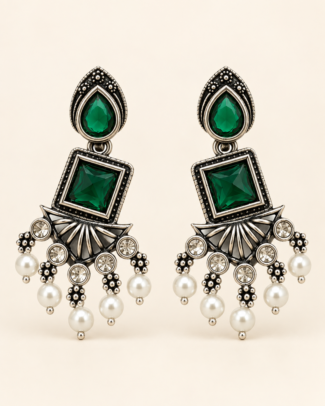 Green Gemstone Pearl Chandelier Earrings — product photo