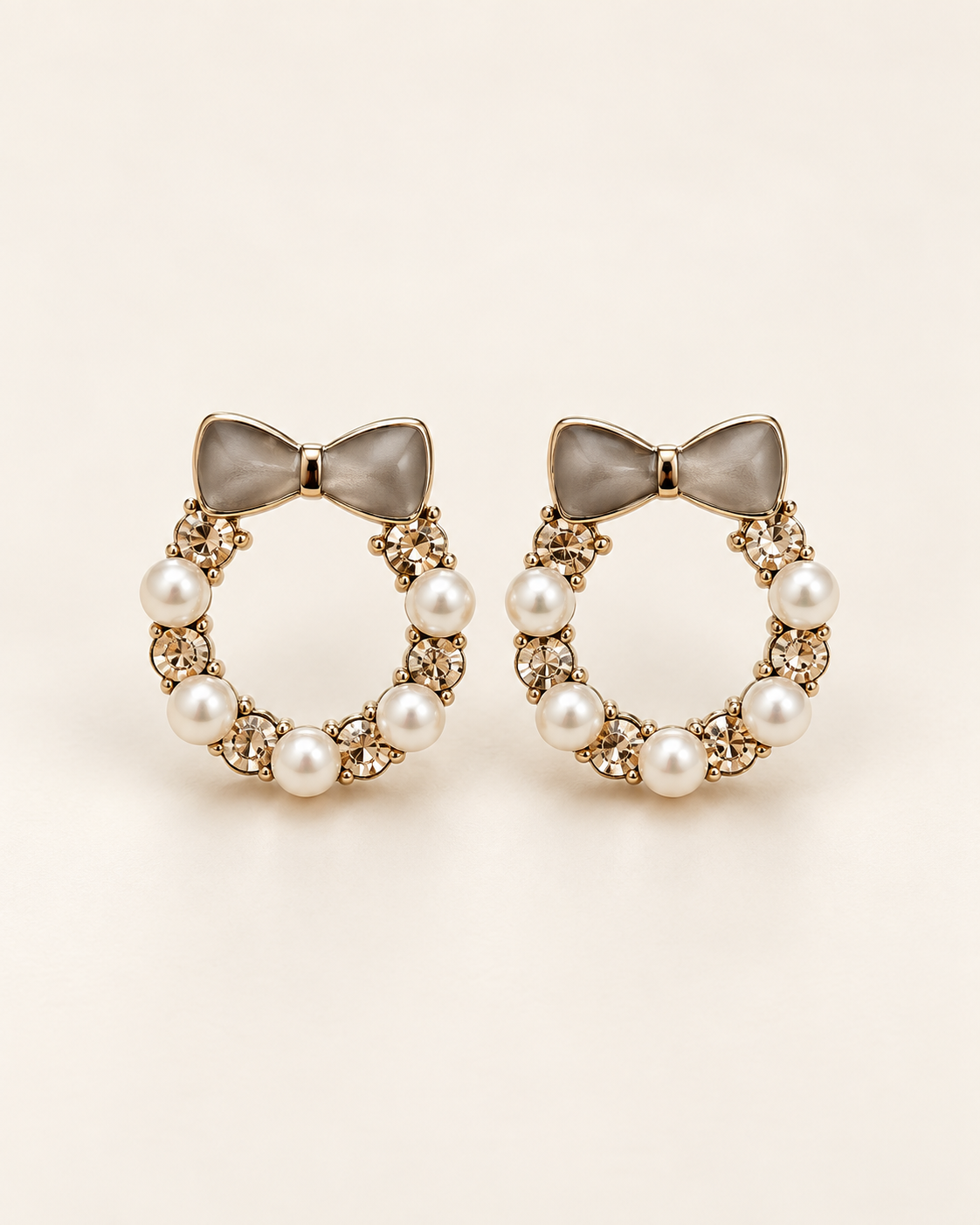 Grey Bow Pearl Hoop Earrings — product photo