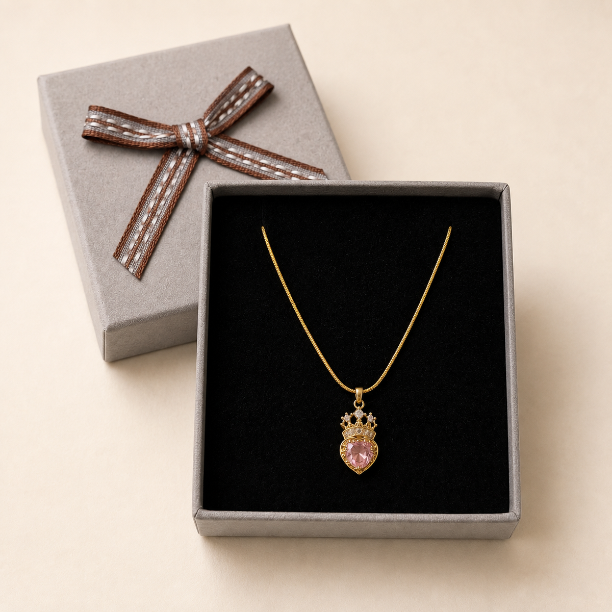 Pink Crystal Crown Pendant Necklace in a Grey Velvet Box gift box