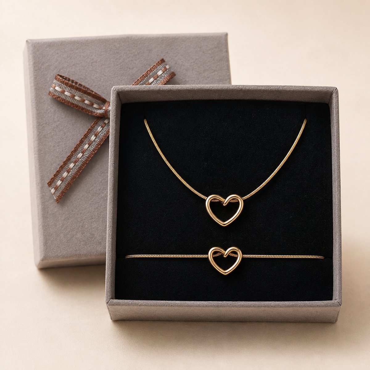 Open heart pendant With Bracelet in a Grey Velvet Box gift box