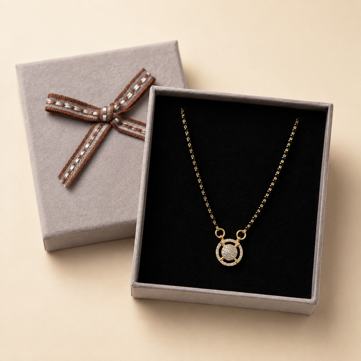 Mangalsutra with Chain in a Grey Velvet Box gift box