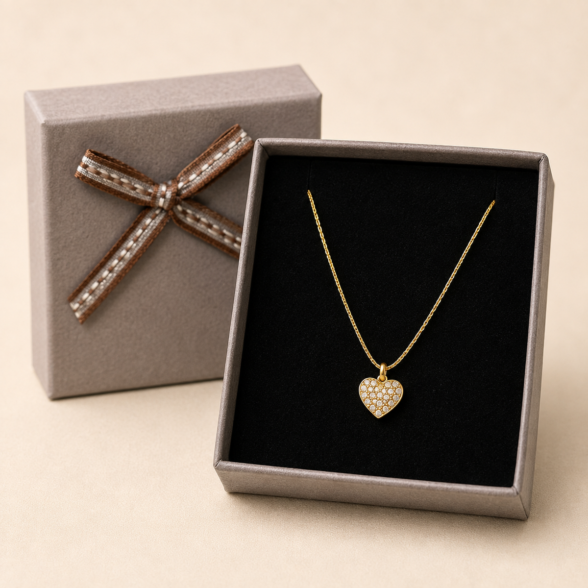 Crystal Pavé Heart Pendant Necklace in a Grey Velvet Box gift box
