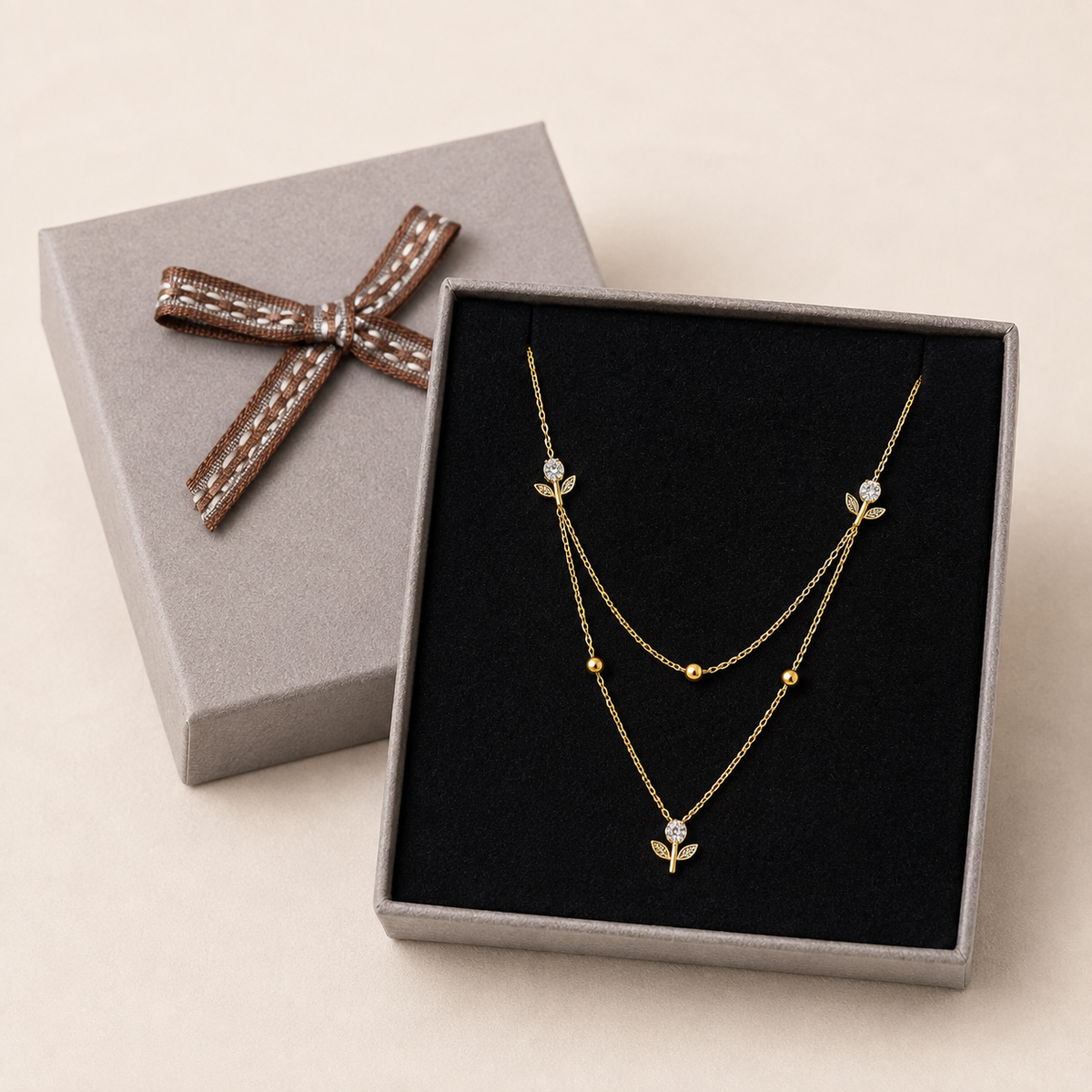 Double-Layer Floral Charm Necklace in a Grey Velvet Box gift box