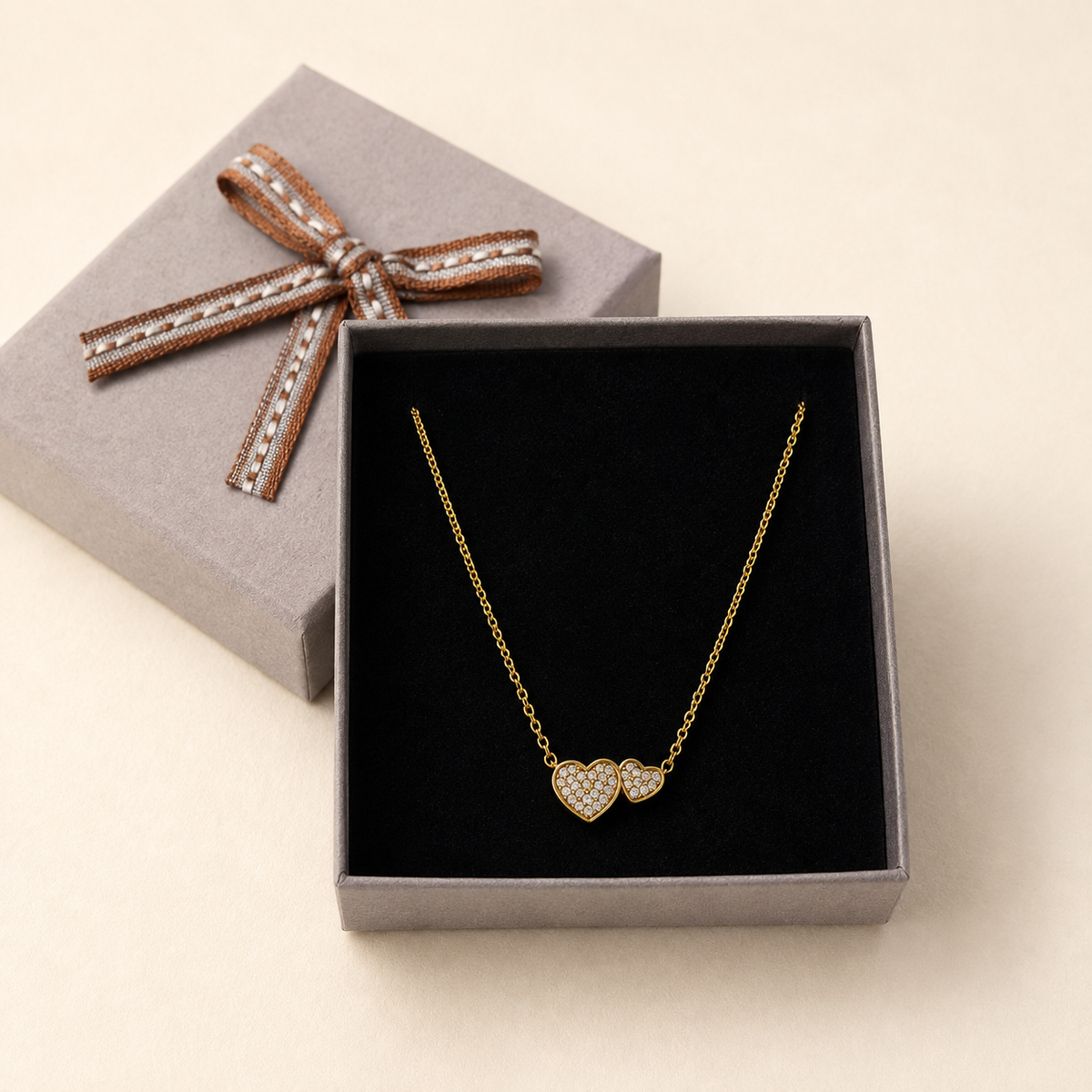 Anti-Tarnish Twin Heart Pendant Necklace in a Grey Velvet Box gift box
