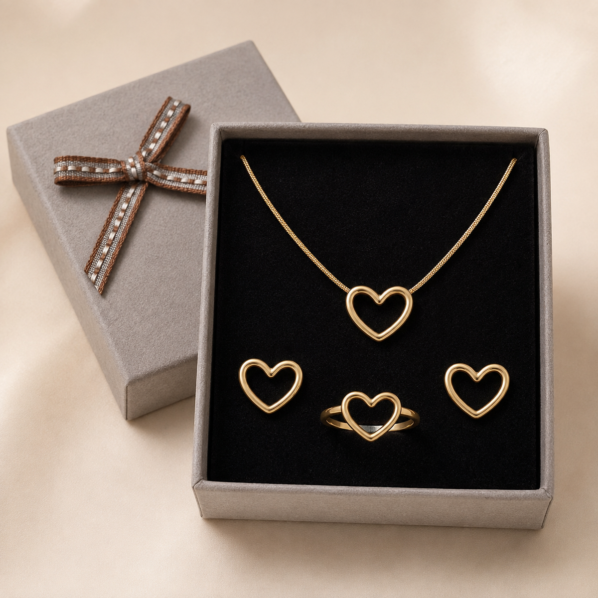 Open heart pendant with earrings and Ring in a Grey Velvet Box gift box