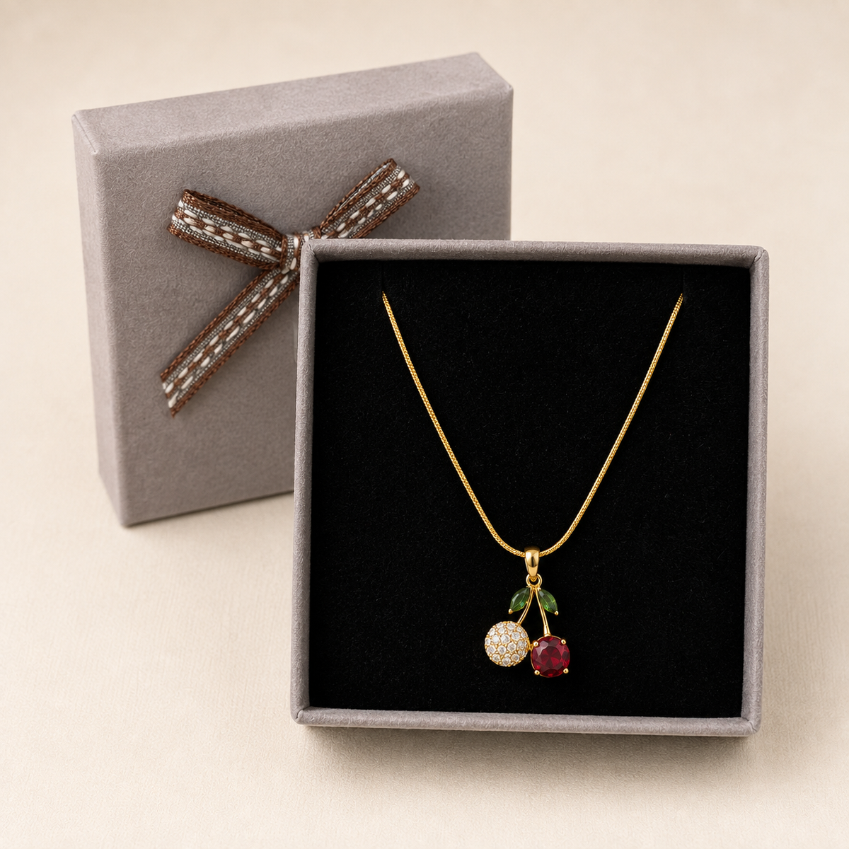Crystal Cherry Pendant Necklace in a Grey Velvet Box gift box