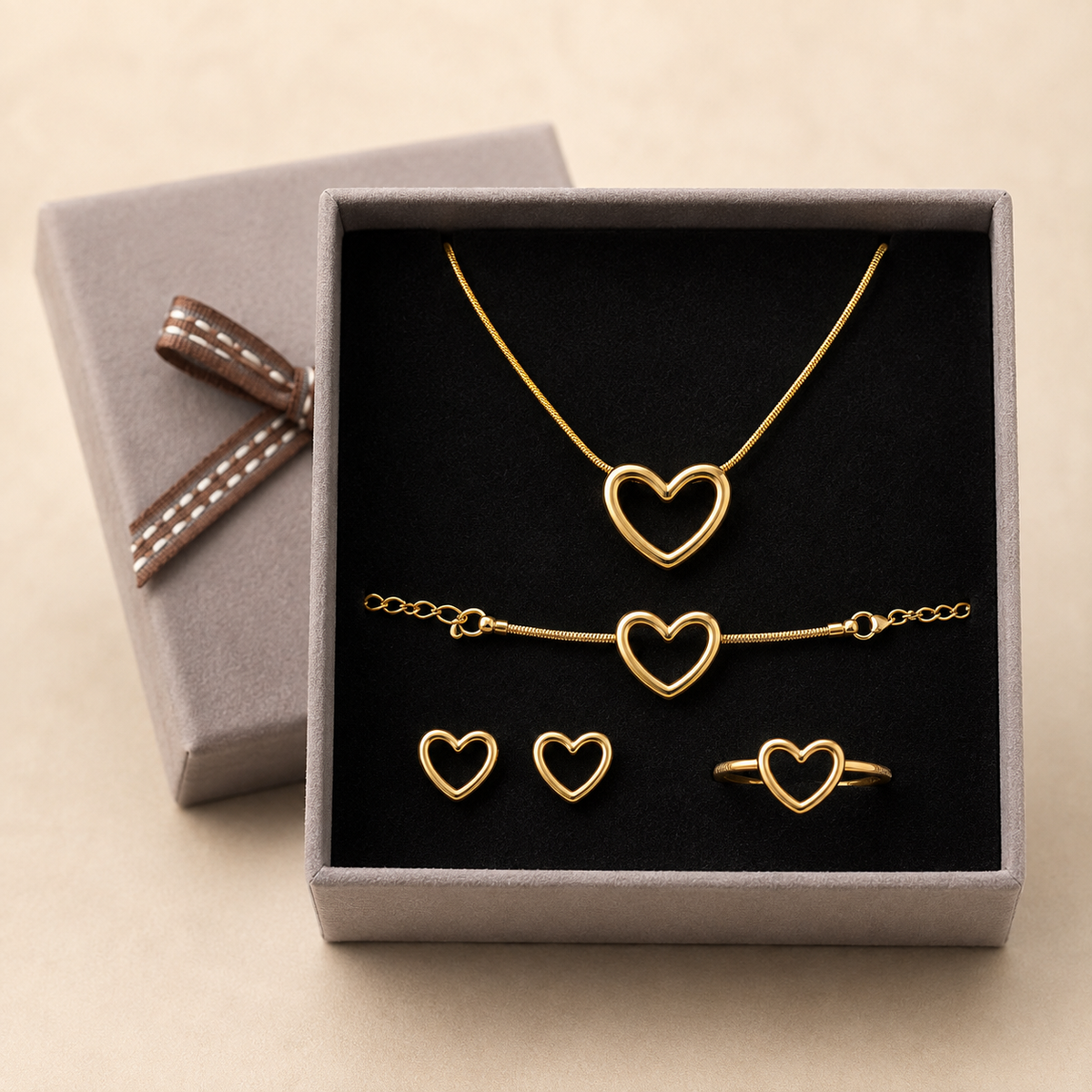 Open Heart Necklace (Earrings, Ring & Bracelet 4-Piece combo) in a Grey Velvet Box gift box