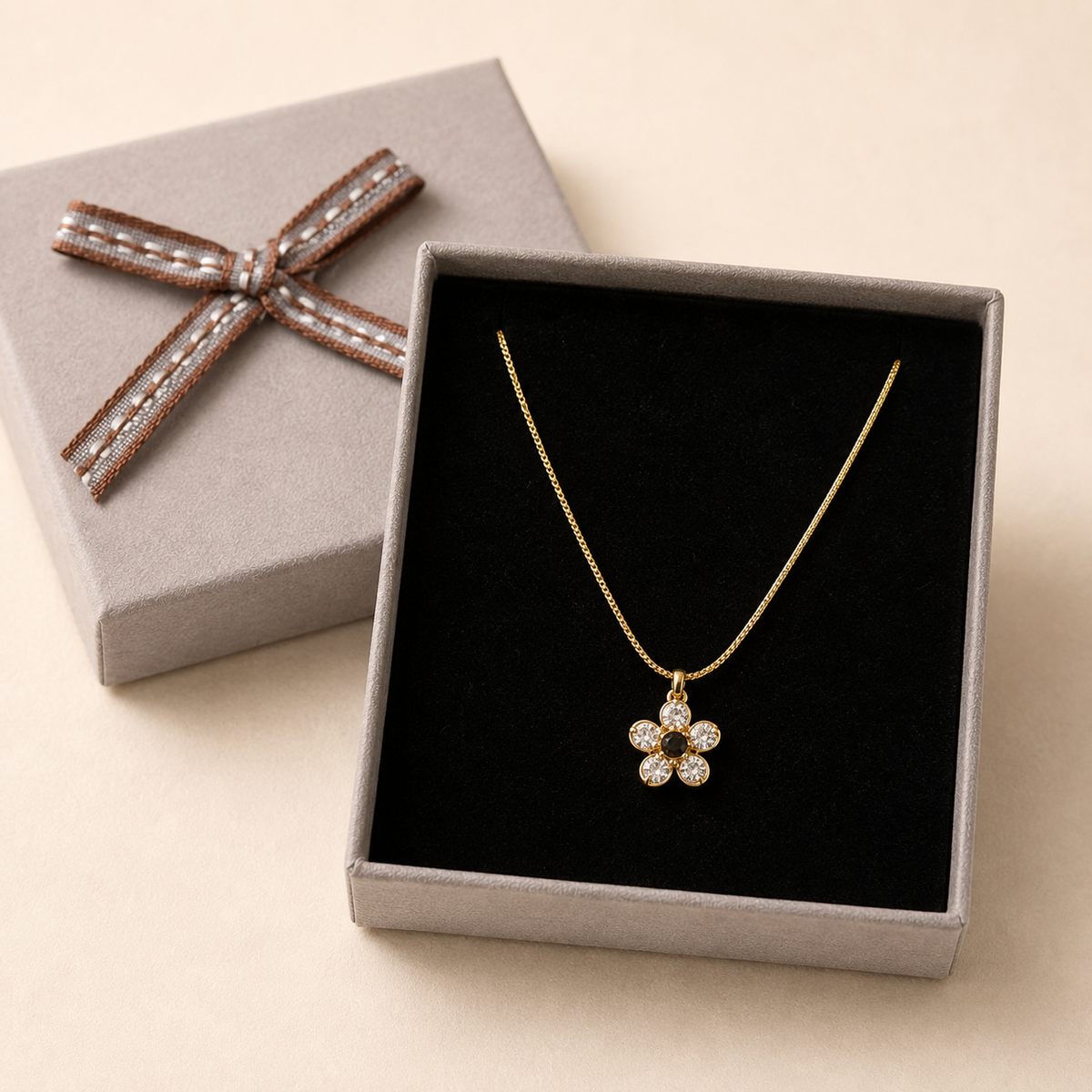 Crystal Flower Pendant Necklace in a Grey Velvet Box gift box
