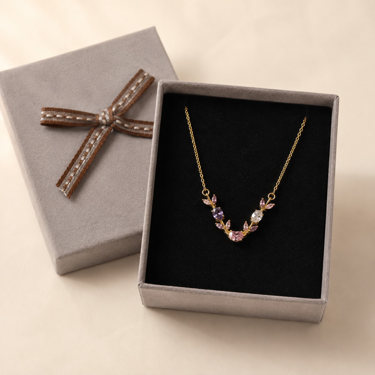 Multicolor Tulip Pendant Necklace in a Grey Velvet Box gift box