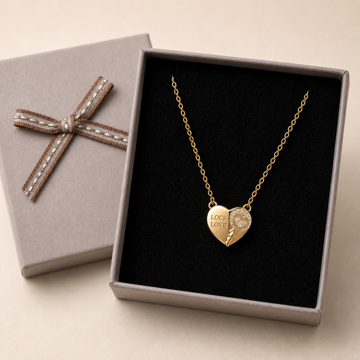 Anti-Tarnish Lock & Love Heart Pendant in a Grey Velvet Box gift box