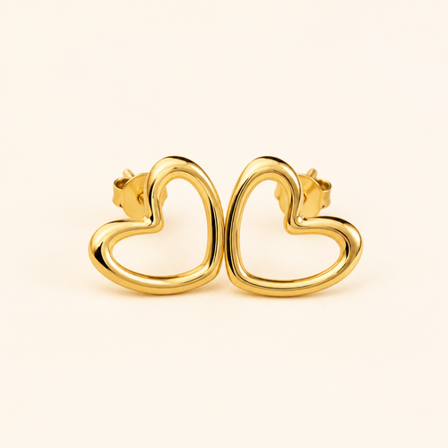 Gold-plated anti-tarnish open heart stud earrings, pair shown on a cream background