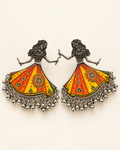 Orange and yellow dandiya dancer earrings with silver bell fringe