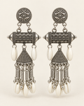 Oxidised silver barrel and cowrie jhumka earrings