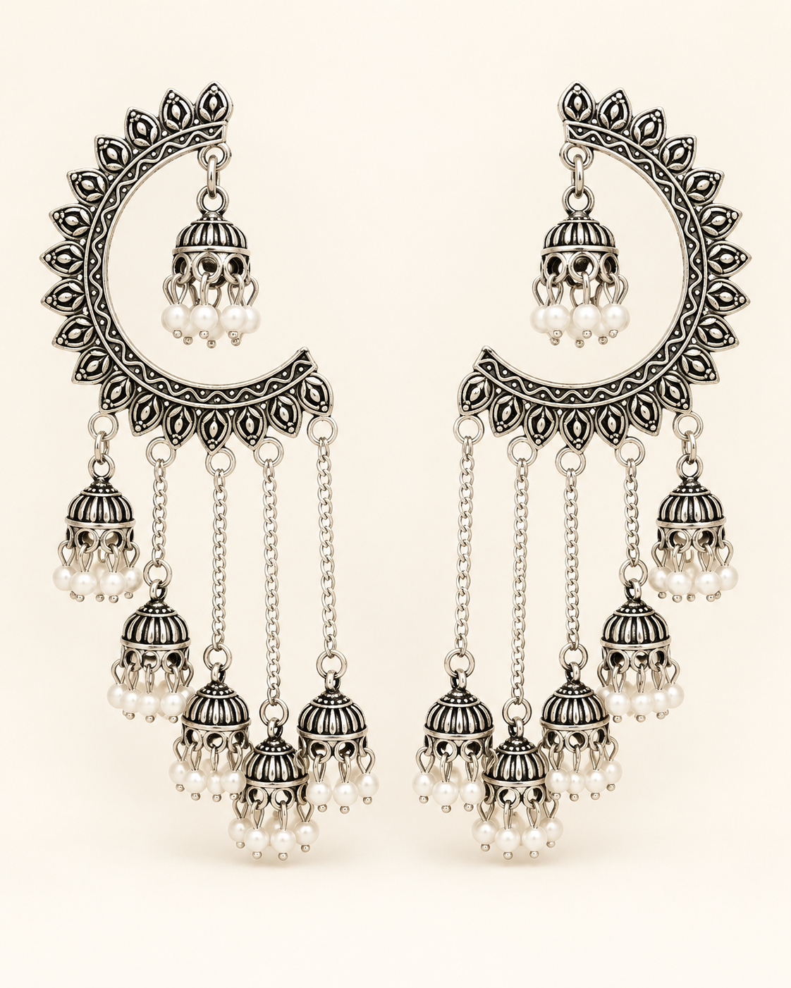 Oxidised Silver Crescent Chandelier Earrings — product photo