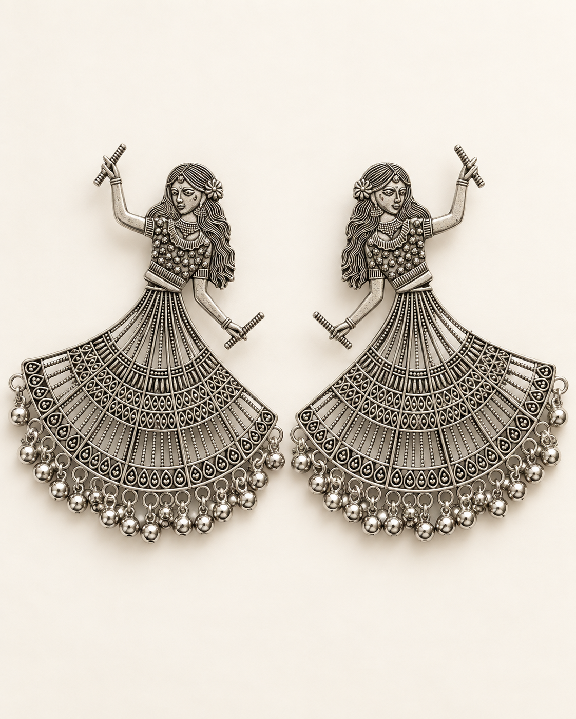 Oxidised silver dandiya dancer earrings with bell fringe