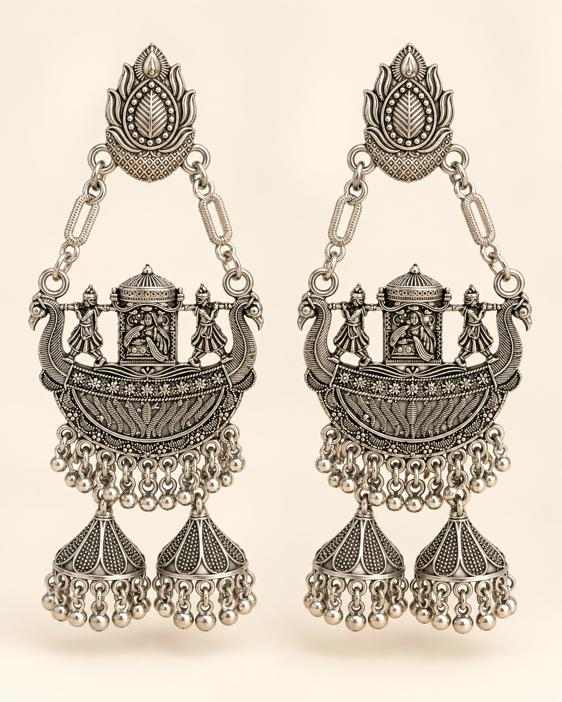 Oxidised Silver Double Temple Boat Jhumka Earrings — product photo