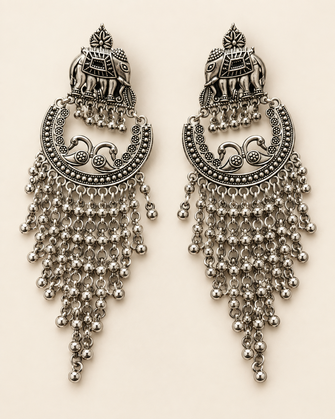 Oxidised Silver Elephant Crescent Chain Earrings — product photo