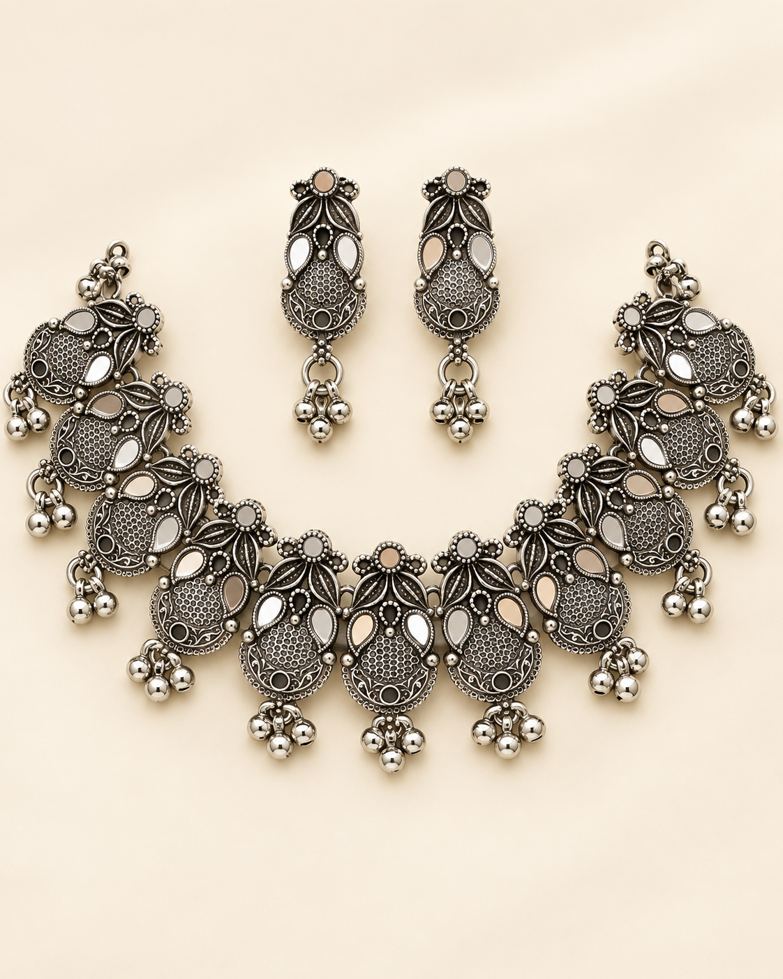 Oxidised Silver Floral Mirror Necklace Set — product photo