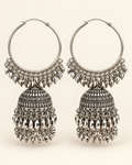 Oxidised silver hoop jhumka earrings with faceted bead fringe