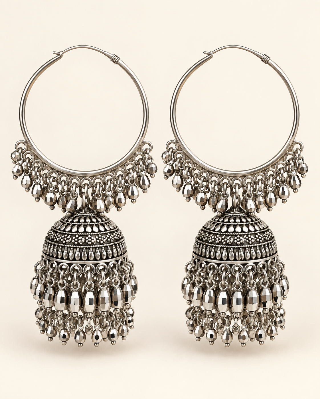 Oxidised silver hoop jhumka earrings with faceted bead fringe