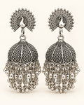 Oxidised silver peacock jhumka earrings with bead fringe