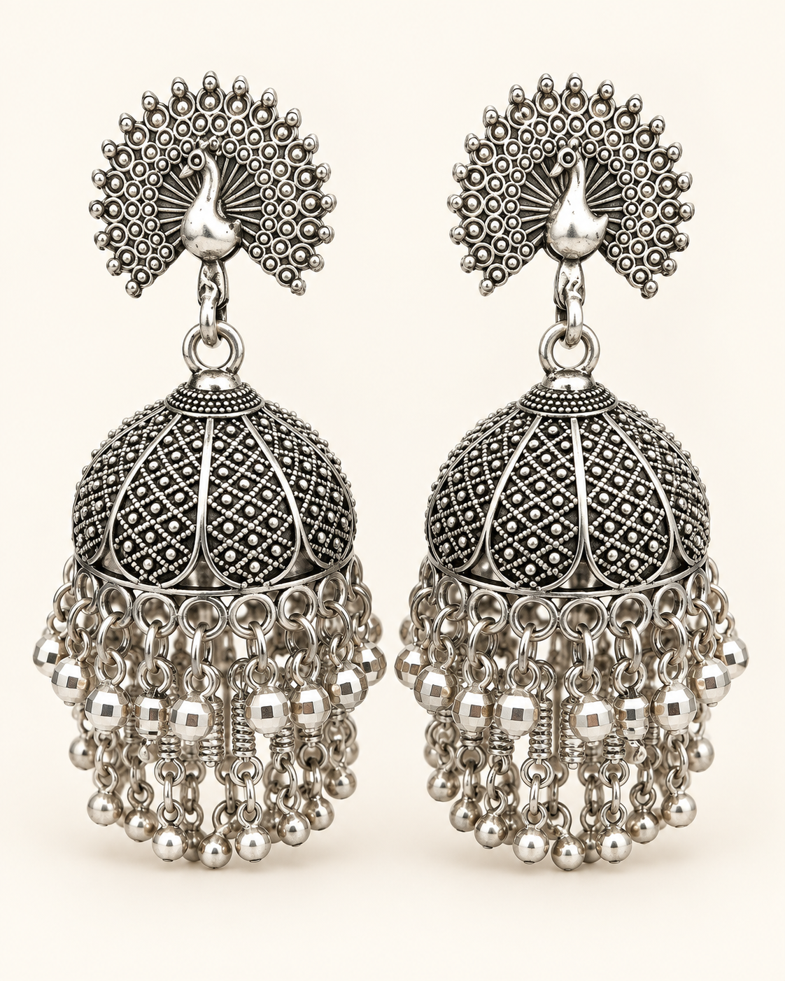 Oxidised silver peacock jhumka earrings with bead fringe