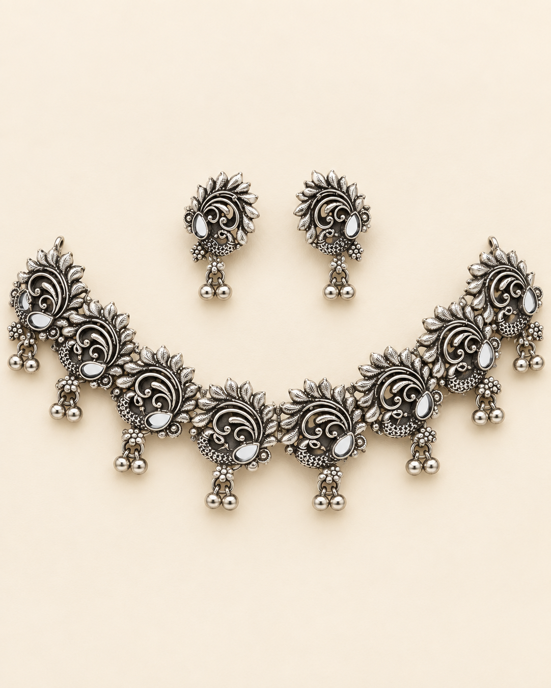 Oxidised Silver Peacock Mirror Necklace Set — product photo