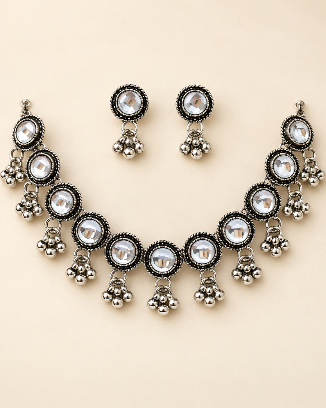 Oxidised Silver Round Mirror Choker Set — product photo