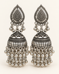 Oxidised silver teardrop jhumka earrings with bell fringe