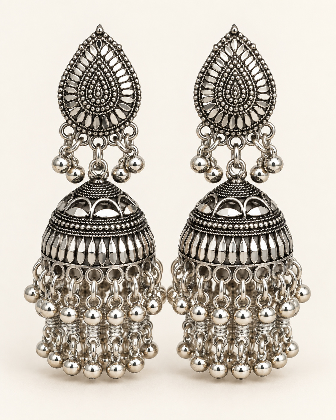 Oxidised silver teardrop jhumka earrings with bell fringe