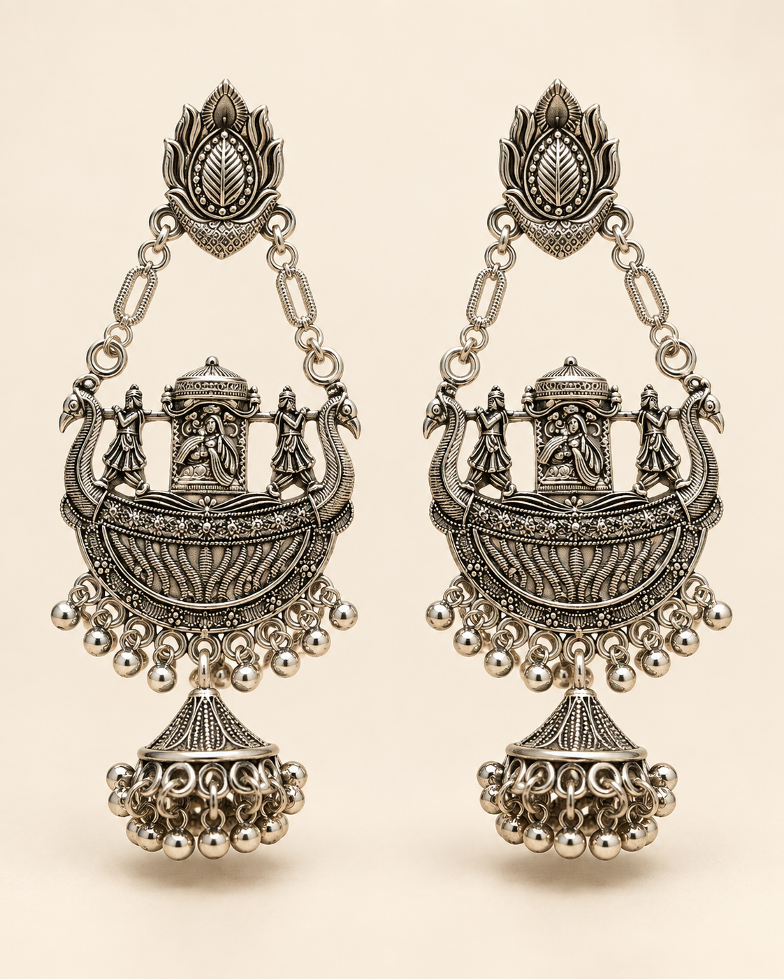 Oxidised Silver Temple Boat Jhumka Earrings — product photo