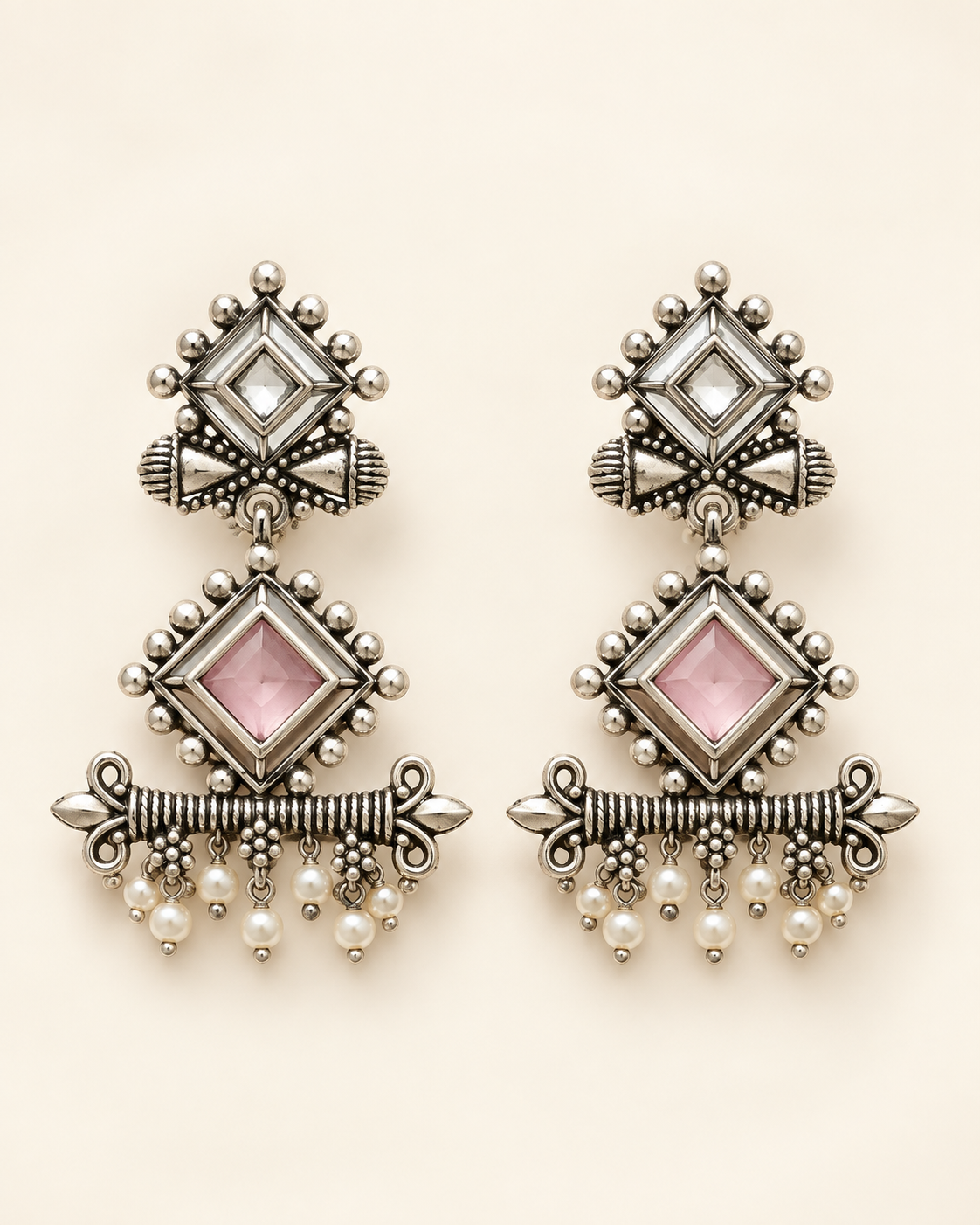 Pale Pink Geometric Pearl Chandelier Earrings — product photo