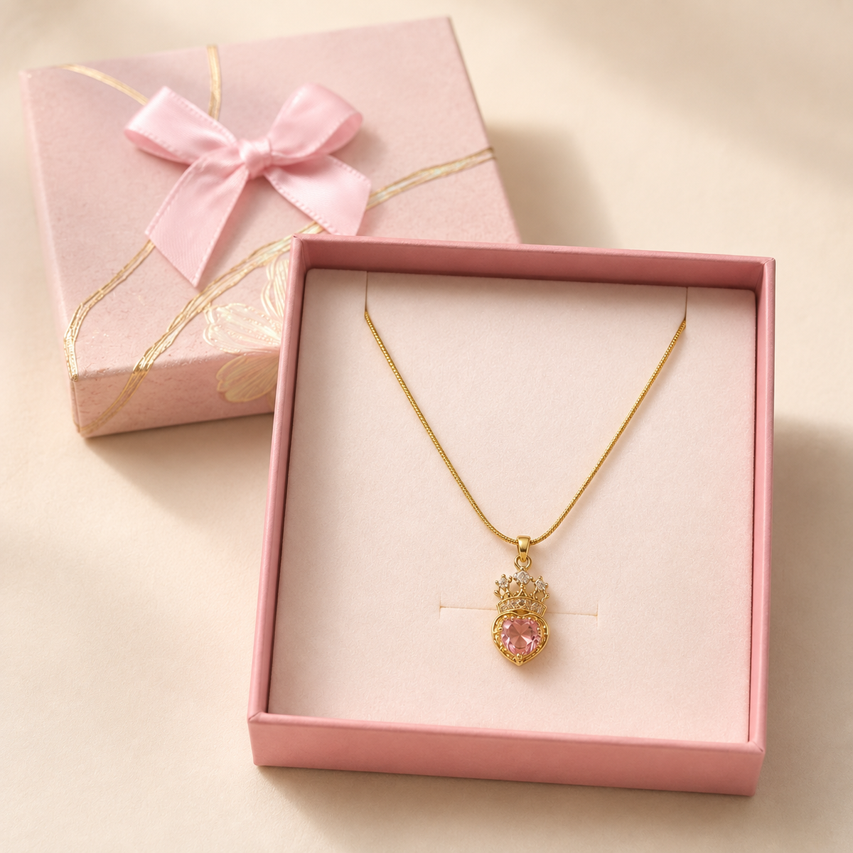 Pink Crystal Crown Pendant Necklace in a Pink Floral Box gift box