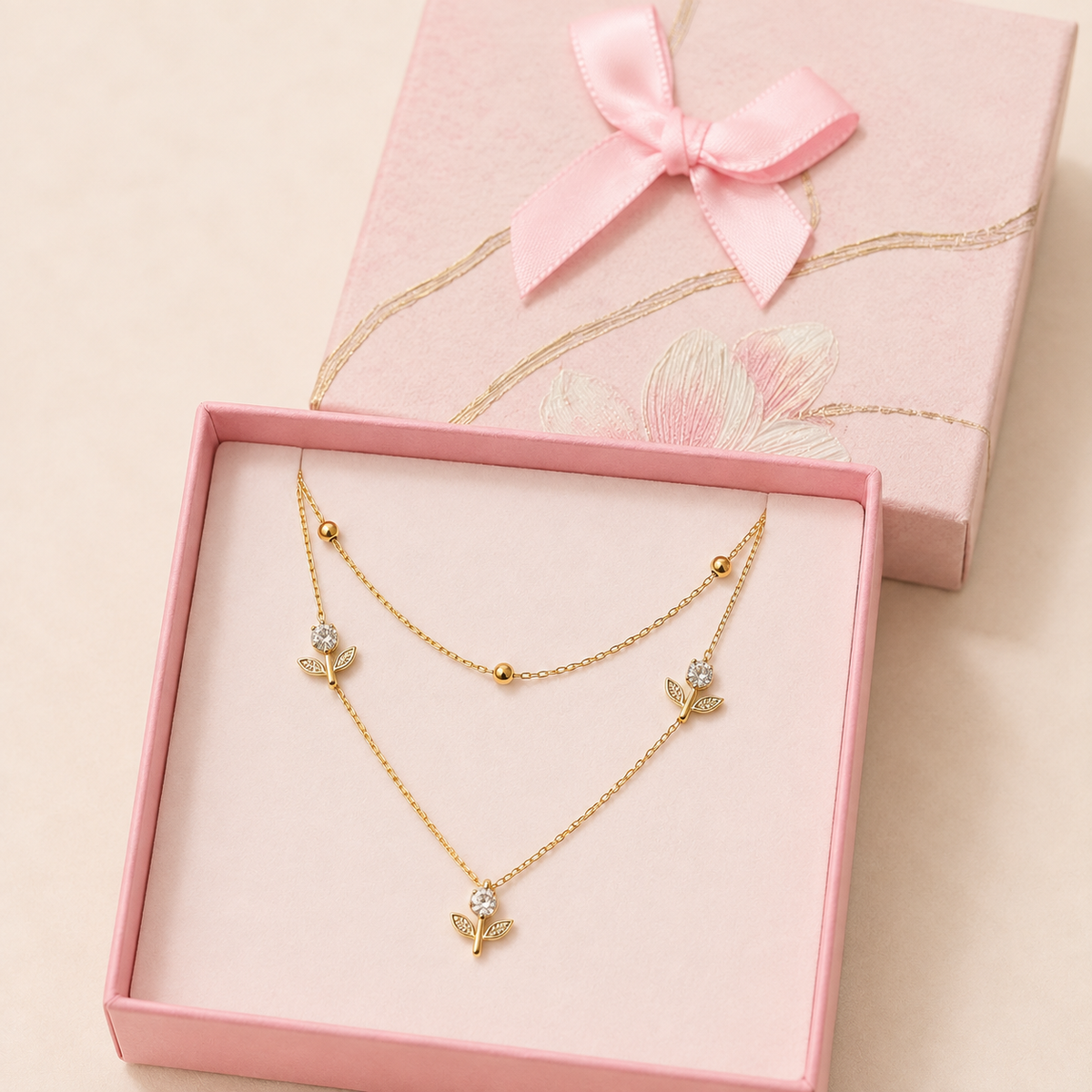 Double-Layer Floral Charm Necklace in a Pink Floral Box gift box