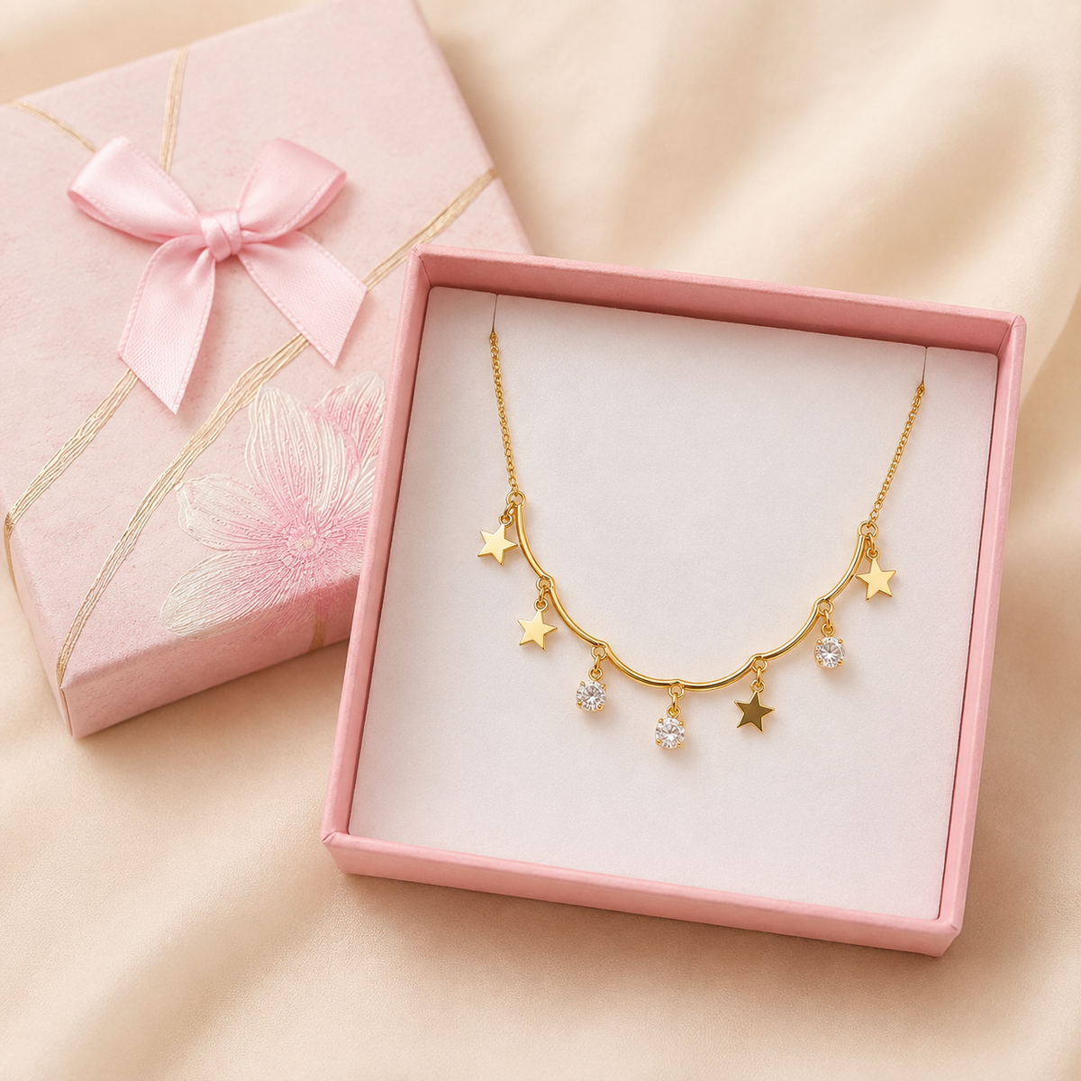 Star Necklace in a Pink Floral Box gift box