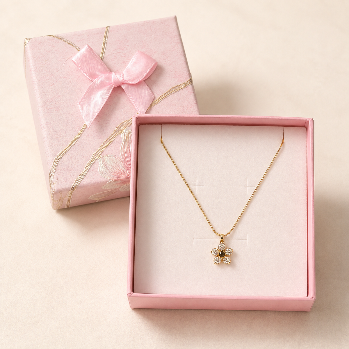 Crystal Flower Pendant Necklace in a Pink Floral Box gift box