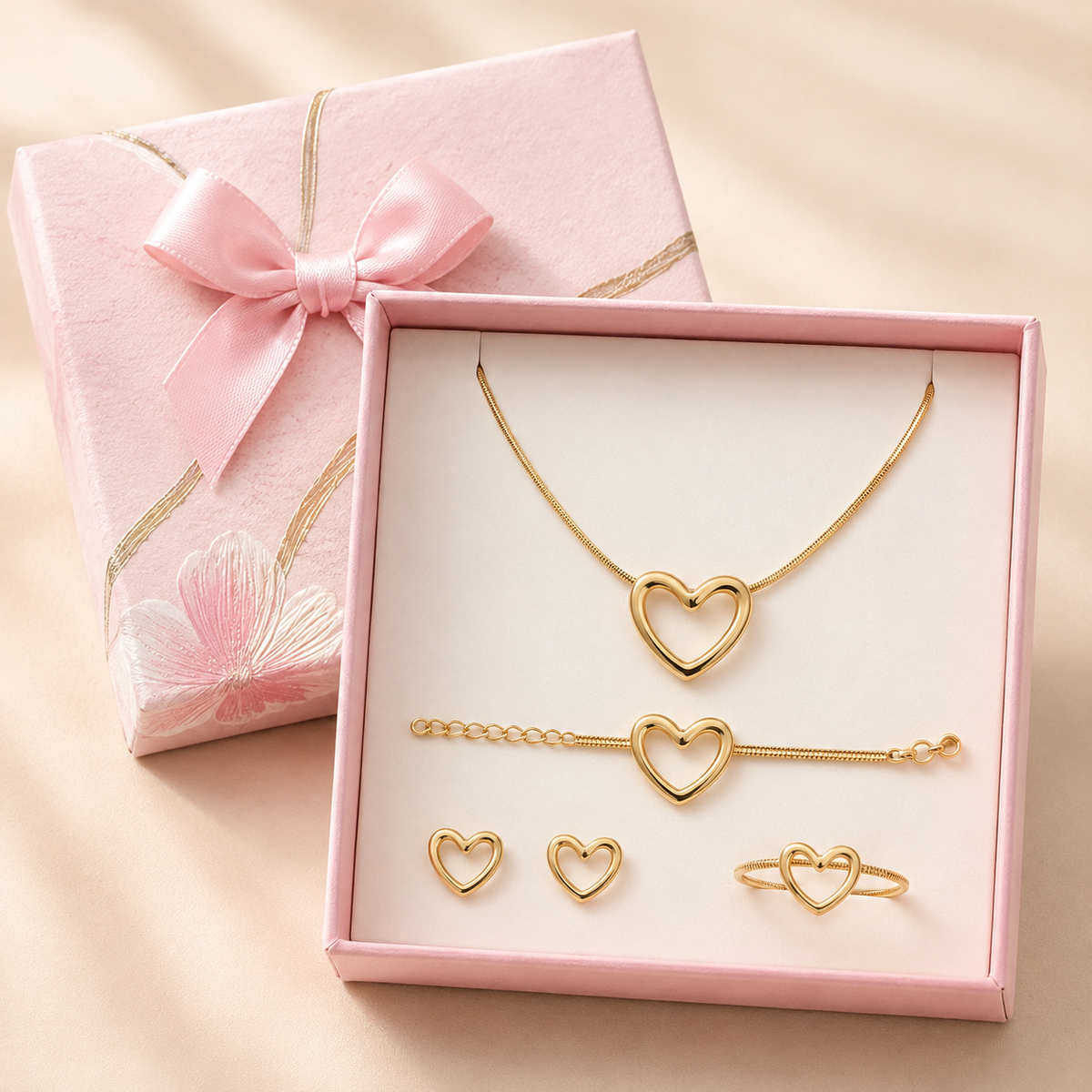 Open Heart Necklace (Earrings, Ring & Bracelet 4-Piece combo) in a Pink Floral Box gift box