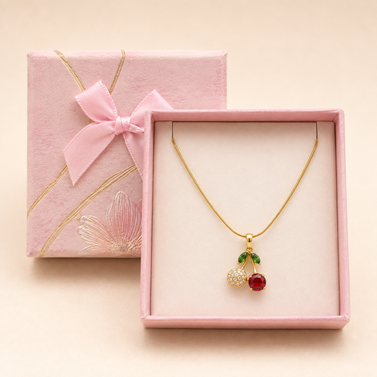 Crystal Cherry Pendant Necklace in a Pink Floral Box gift box