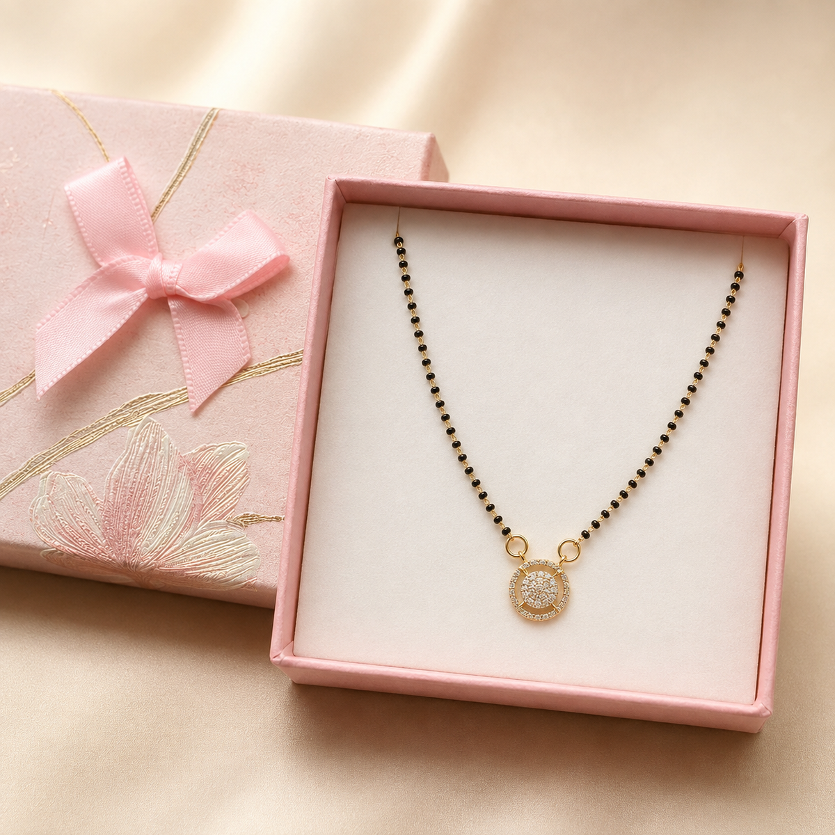 Mangalsutra with Chain in a Pink Floral Box gift box
