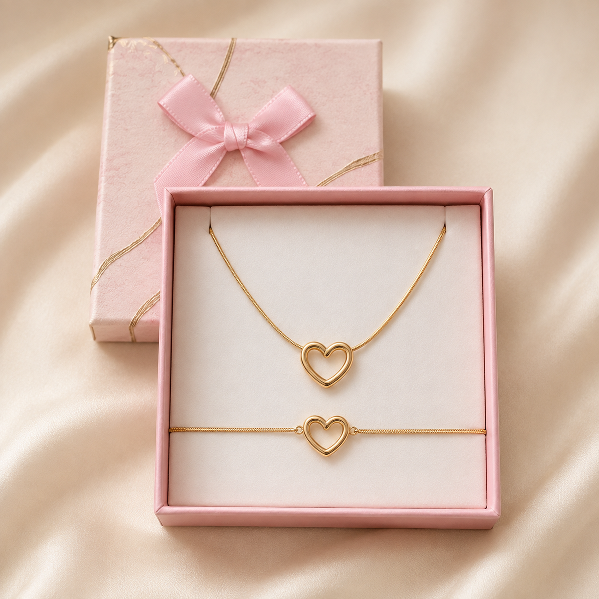 Open heart pendant With Bracelet in a Pink Floral Box gift box