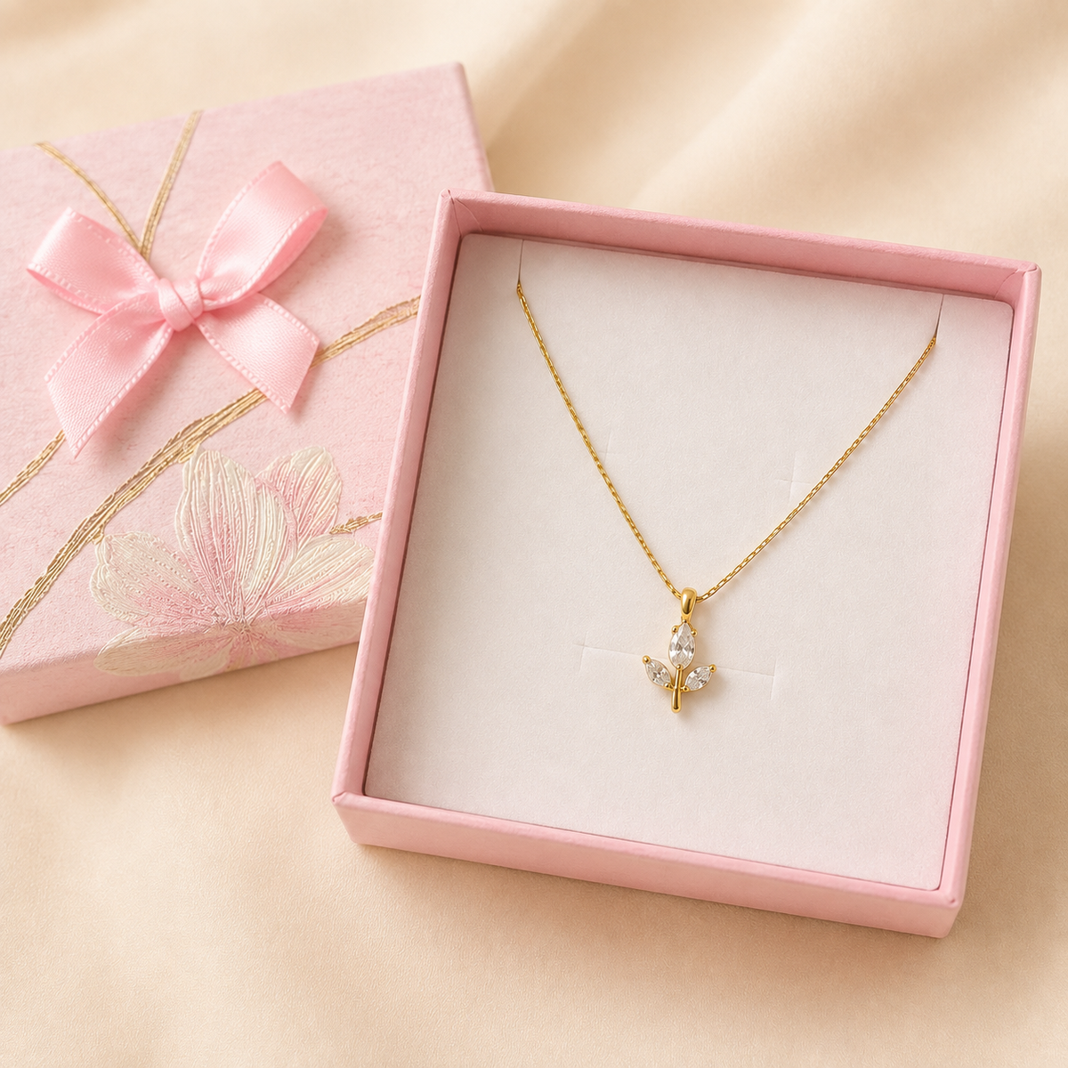 Anti-Tarnish Tulip Bud Pendant in a Pink Floral Box gift box