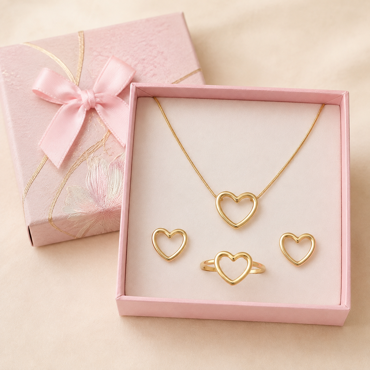 Open heart pendant with earrings and Ring in a Pink Floral Box gift box