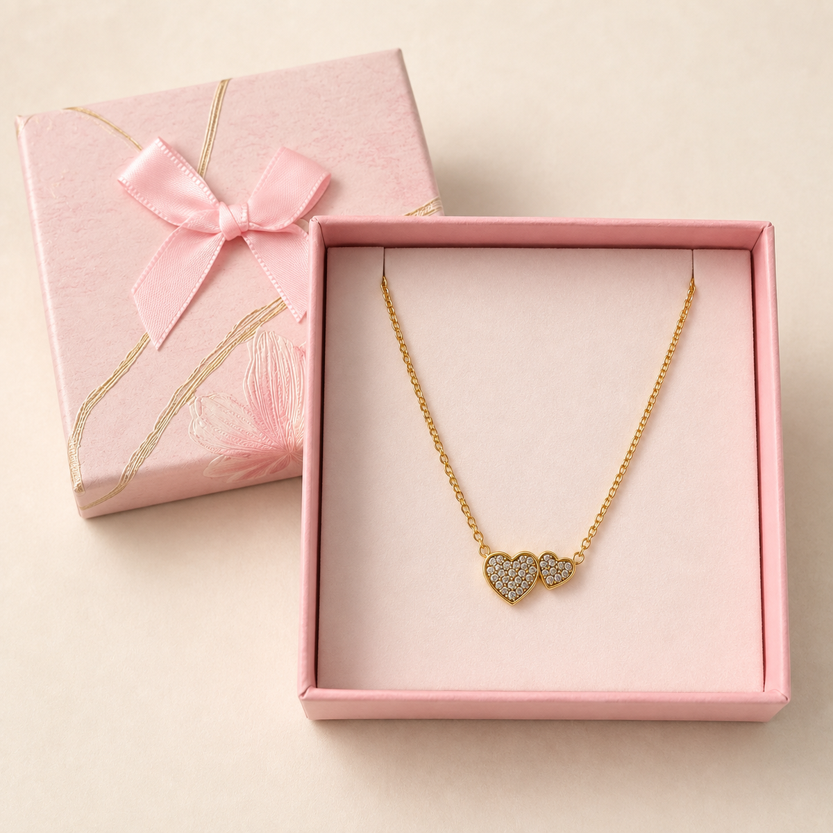 Anti-Tarnish Twin Heart Pendant Necklace in a Pink Floral Box gift box