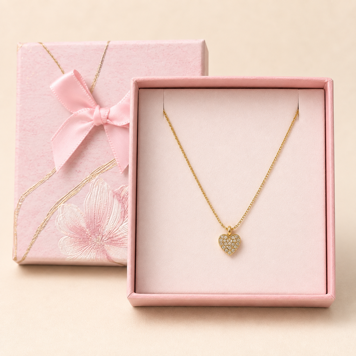 Crystal Pavé Heart Pendant Necklace in a Pink Floral Box gift box