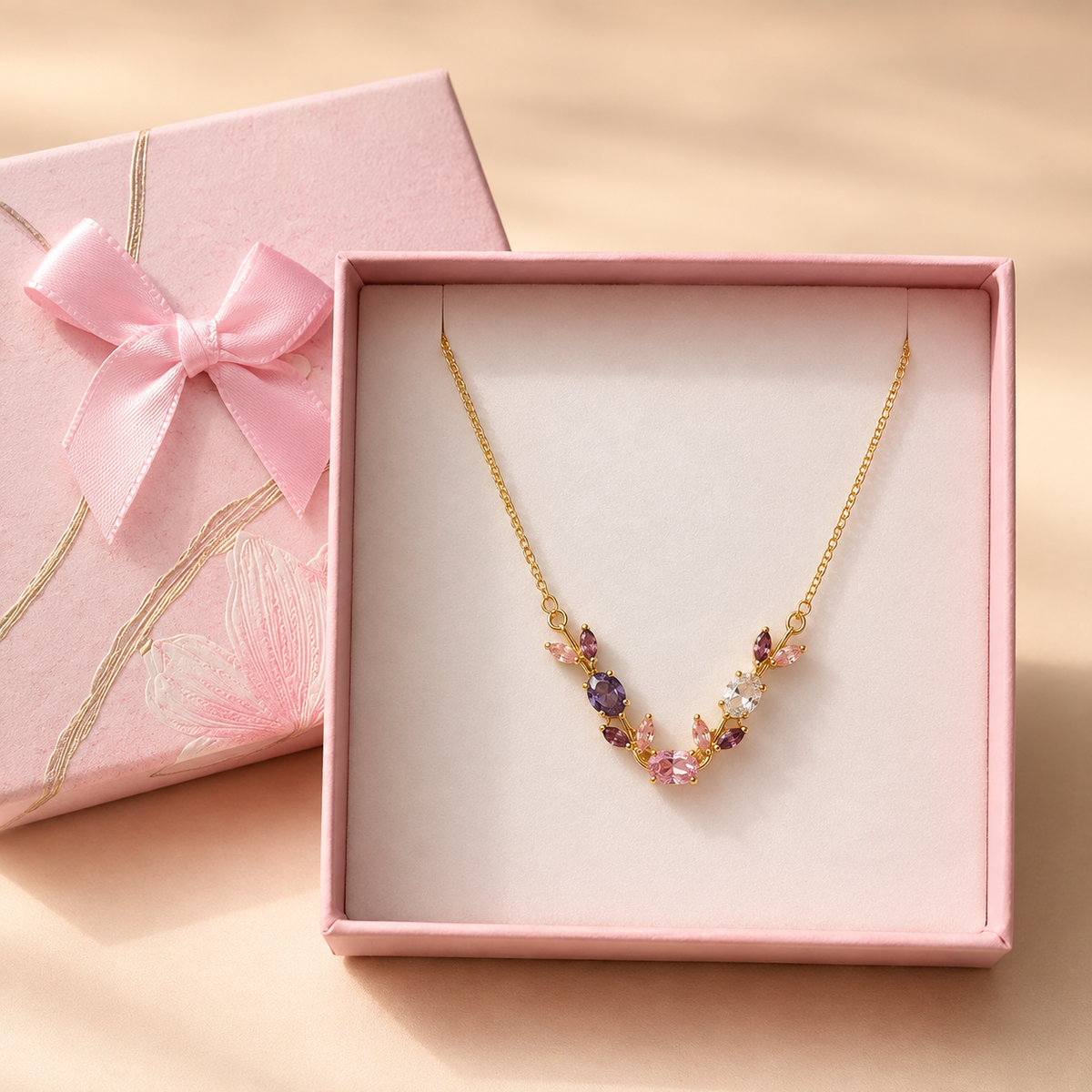 Multicolor Tulip Pendant Necklace in a Pink Floral Box gift box
