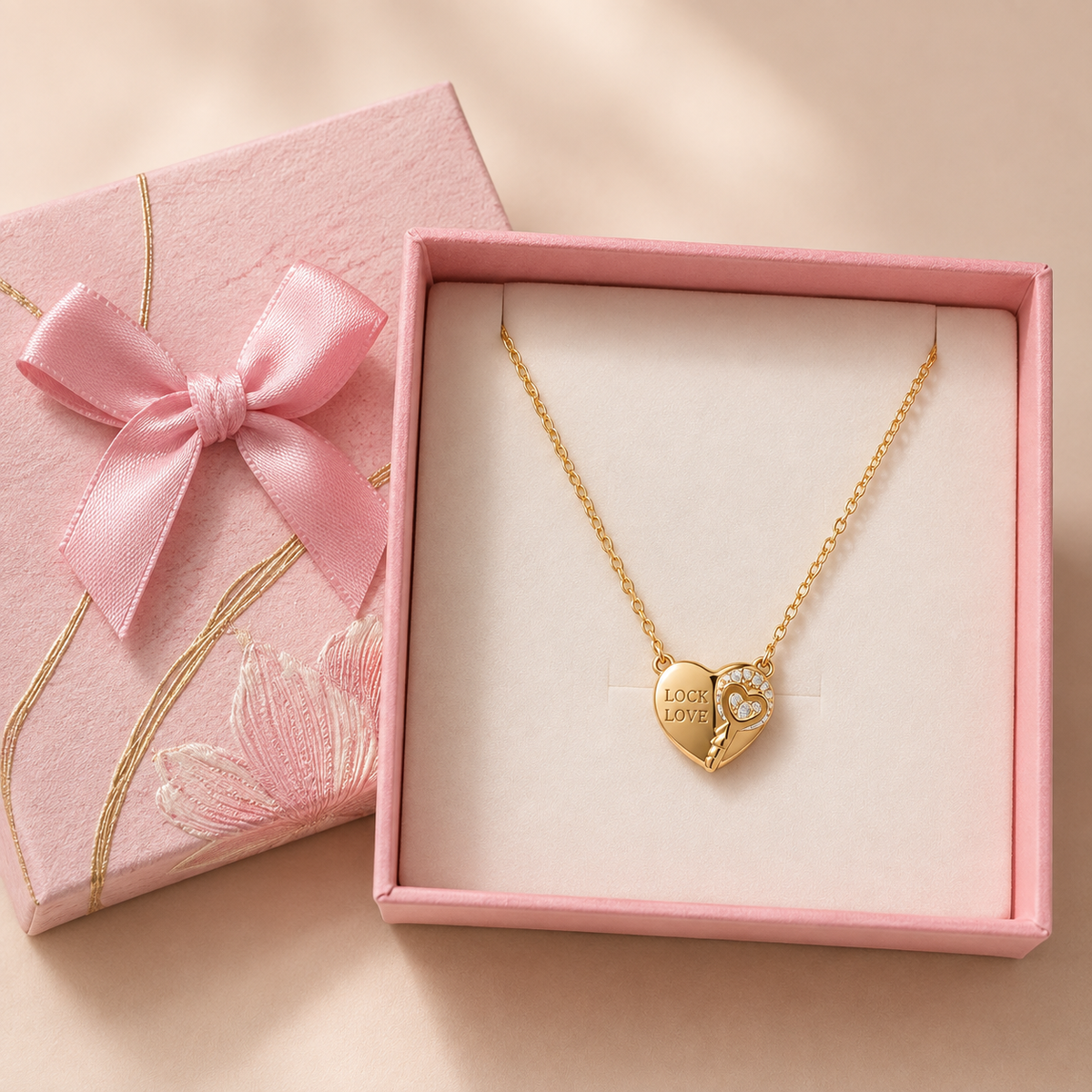 Anti-Tarnish Lock & Love Heart Pendant in a Pink Floral Box gift box